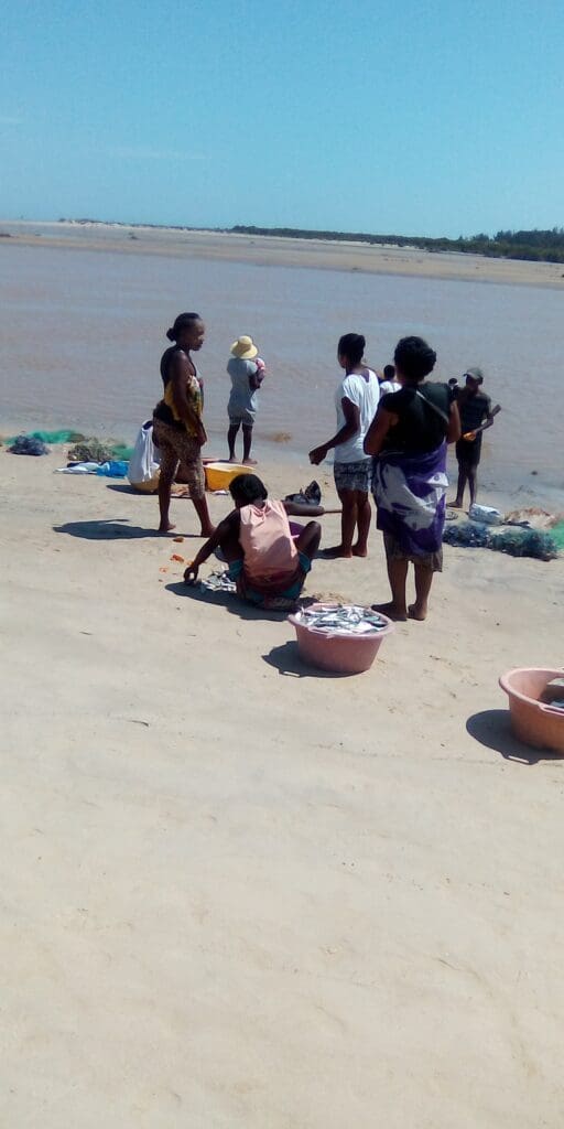 Women on beach in Madagascar organizing fish