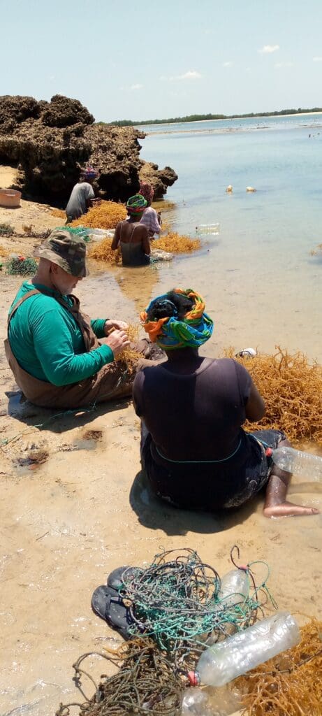 Mark and women on beach cleaning seaweed