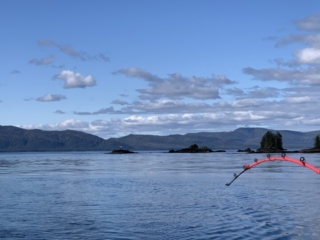 Oceanscape with a fishing pole on right of screen
