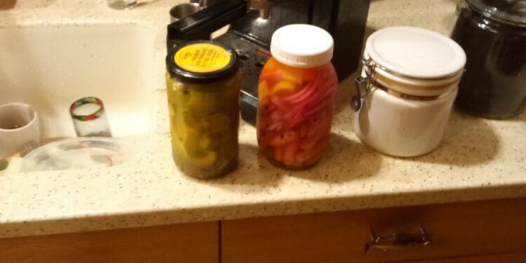 jars on counter of pickled vegetables